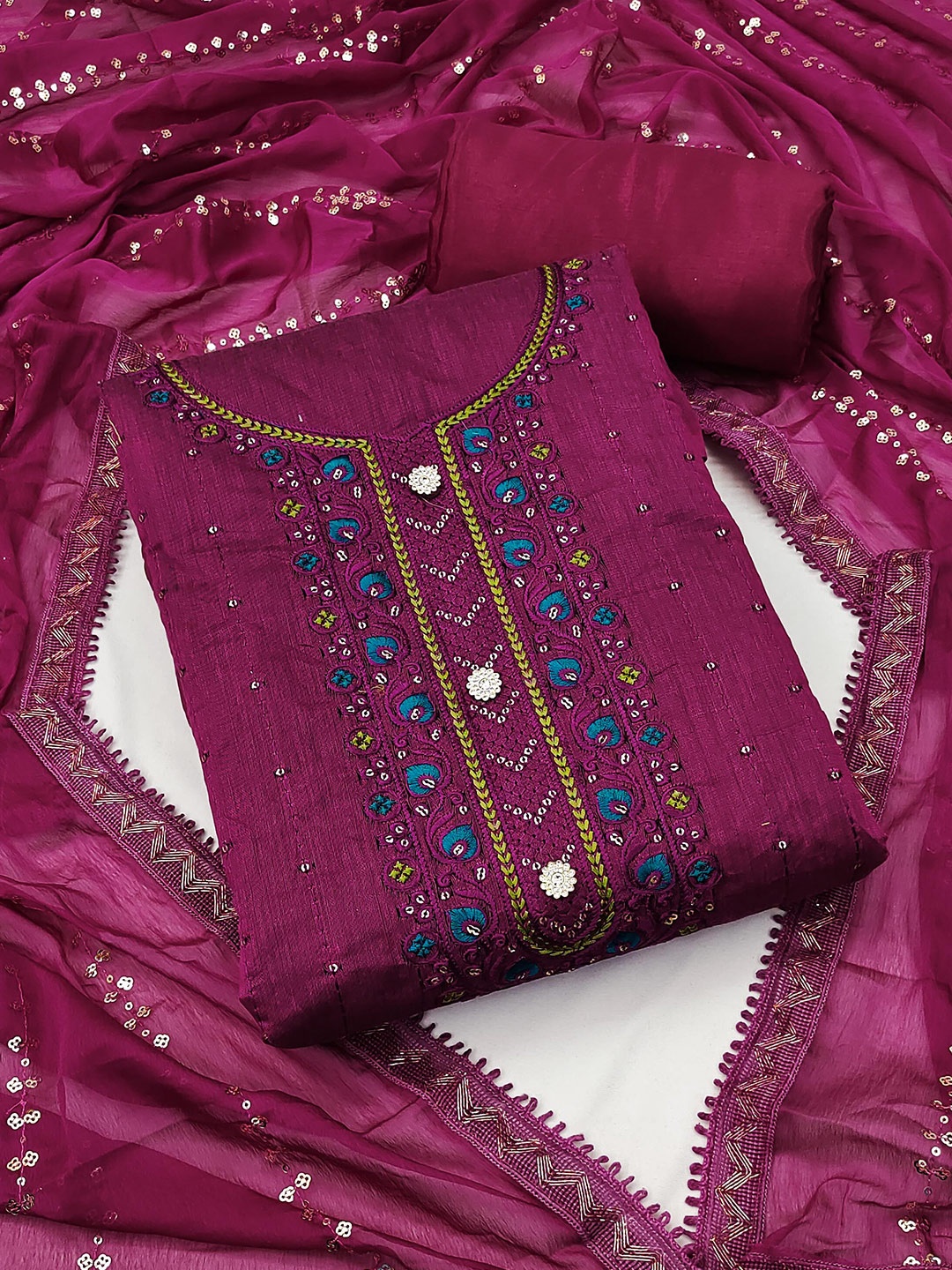KALINI Pink & Blue Embroidered Unstitched Dress Material