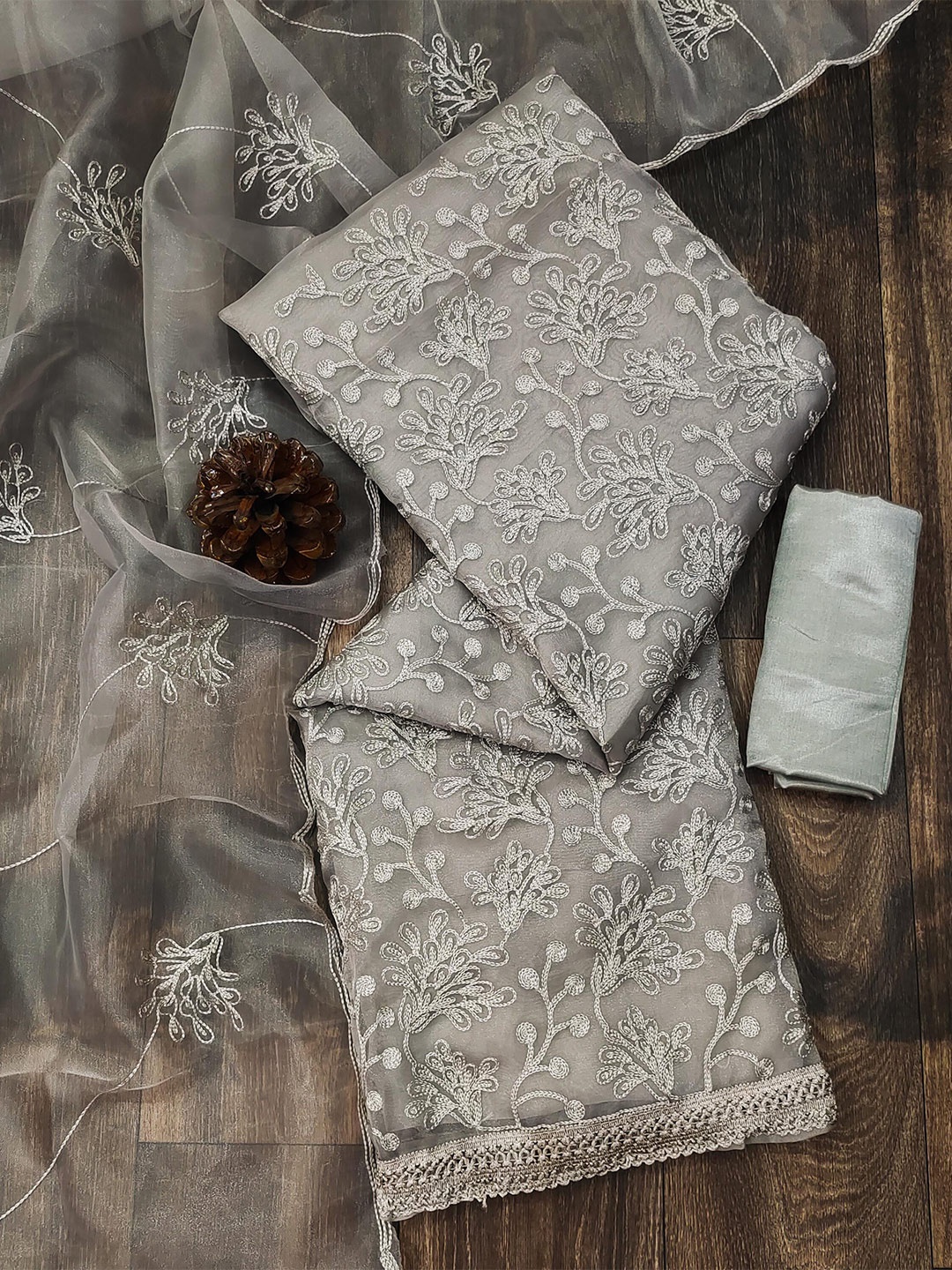 

KALINI Grey Embroidered Organza Unstitched Dress Material