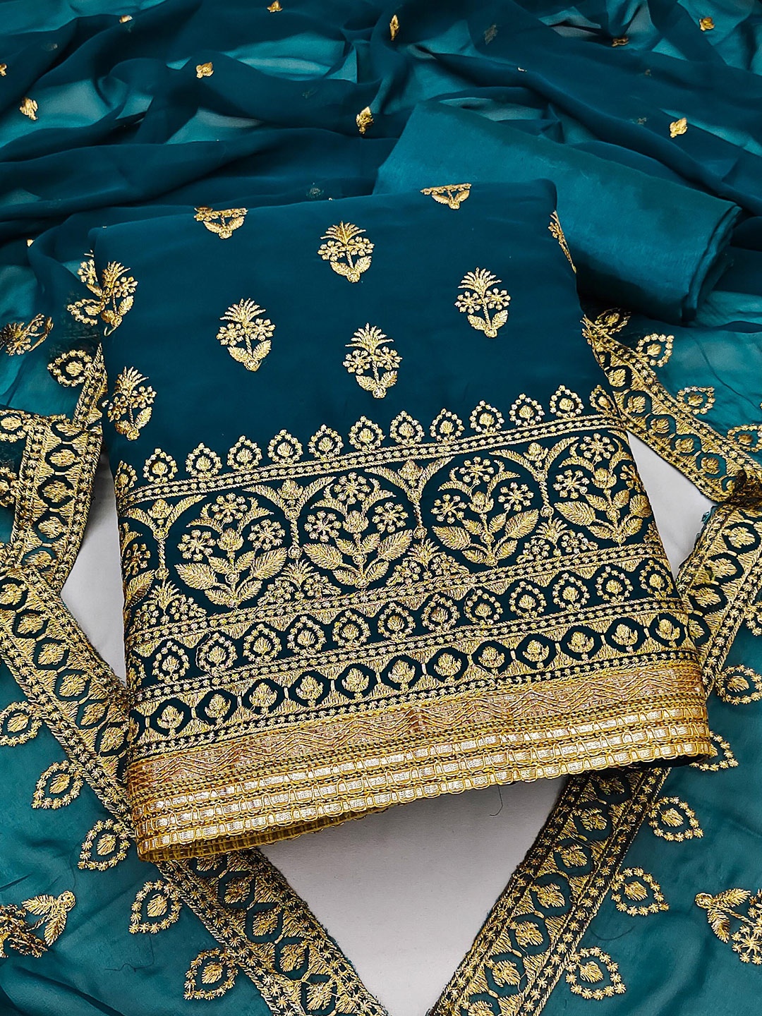

KALINI Green & Gold-Toned Embroidered Silk Georgette Unstitched Dress Material