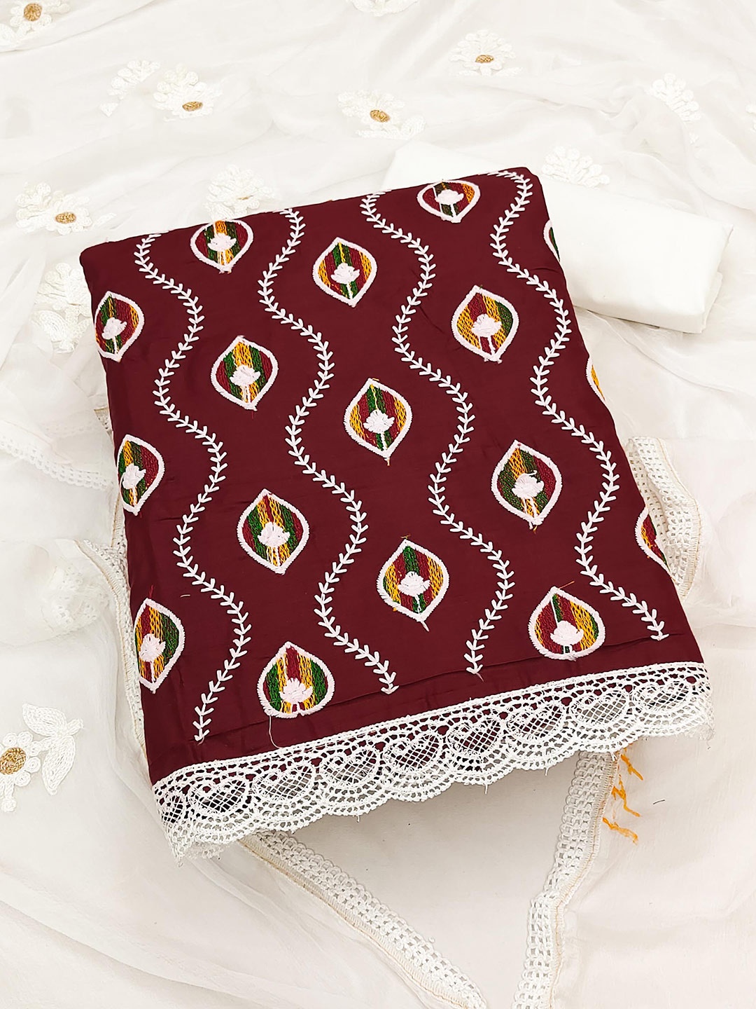 

KALINI Maroon & White Embroidered Pure Cotton Unstitched Dress Material
