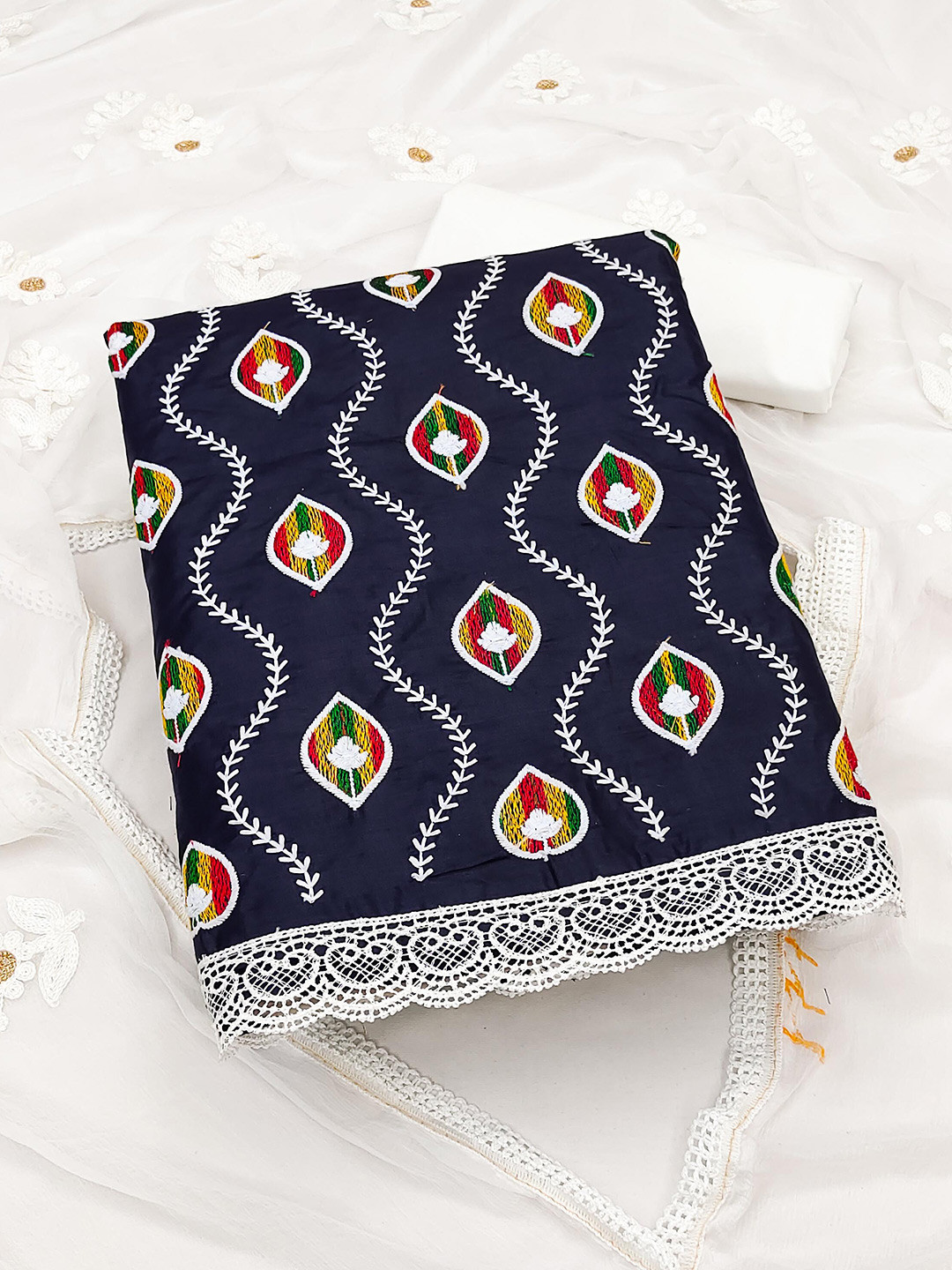 

KALINI Blue & White Embroidered Pure Cotton Unstitched Dress Material