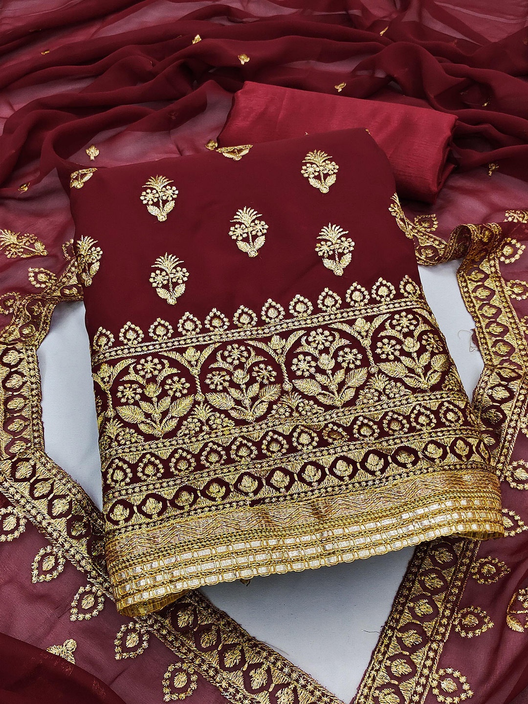 

KALINI Maroon & Gold-Toned Embroidered Silk Georgette Unstitched Dress Material