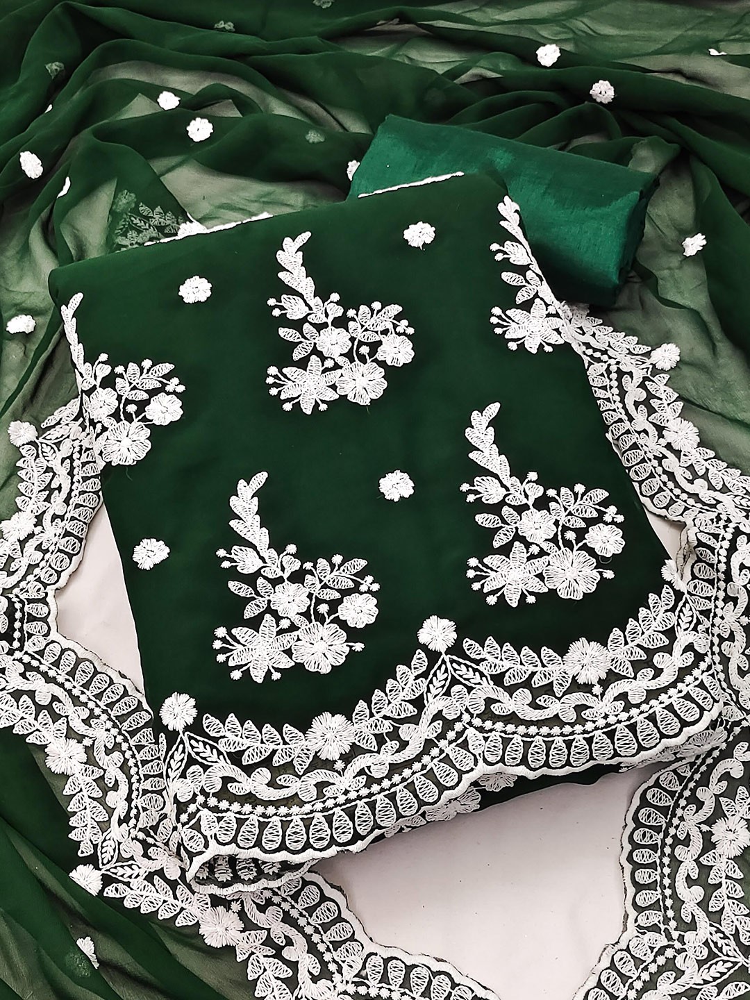 

KALINI Green & White Embroidered Silk Georgette Unstitched Dress Material