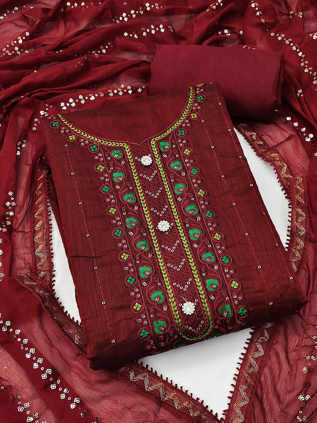 

KALINI Women Maroon & Green Embroidered Unstitched Dress Material