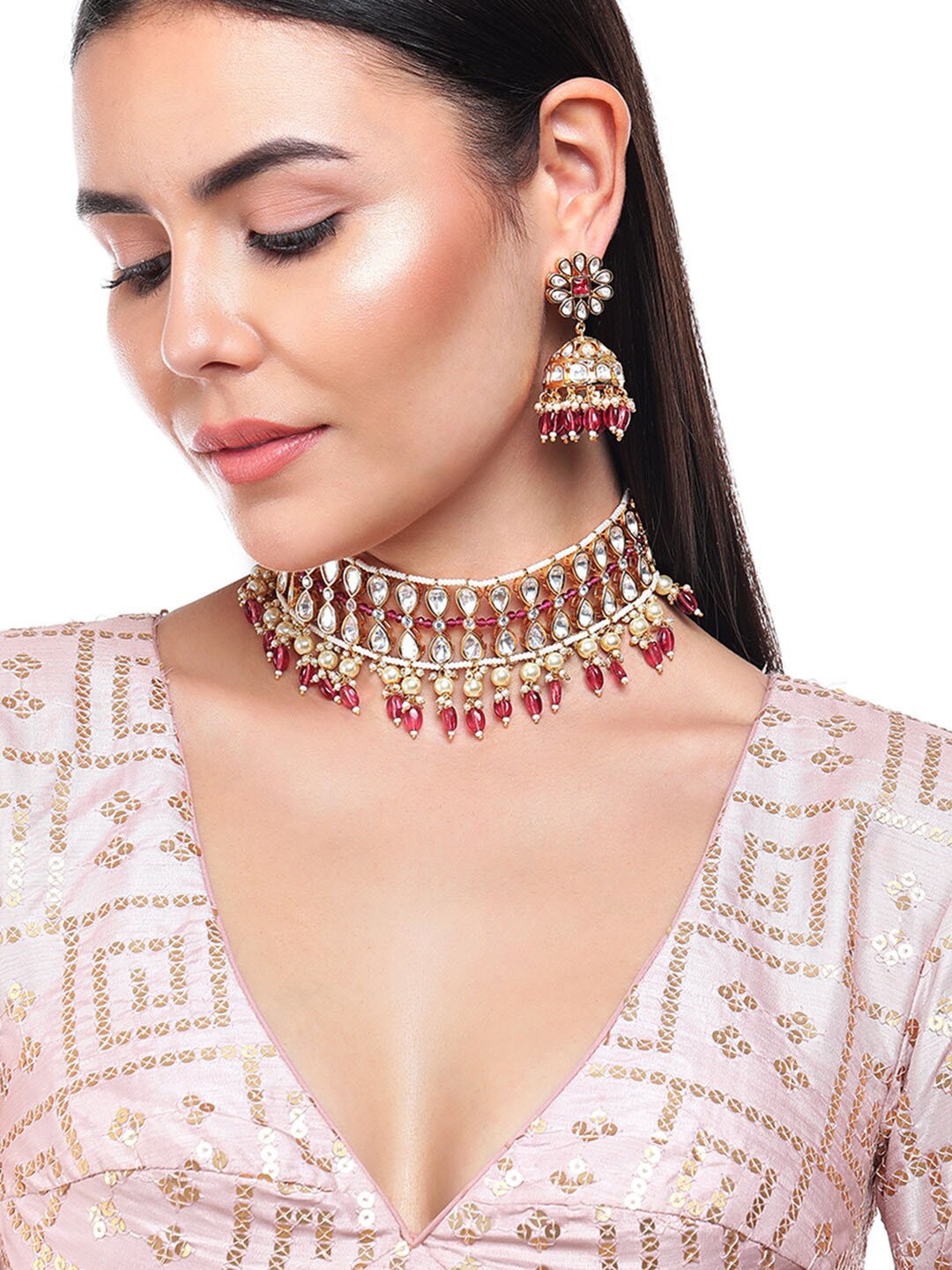 

Rubans Gold-Plated Pink Kundan Studded & Pearl Beaded Jewellery Set