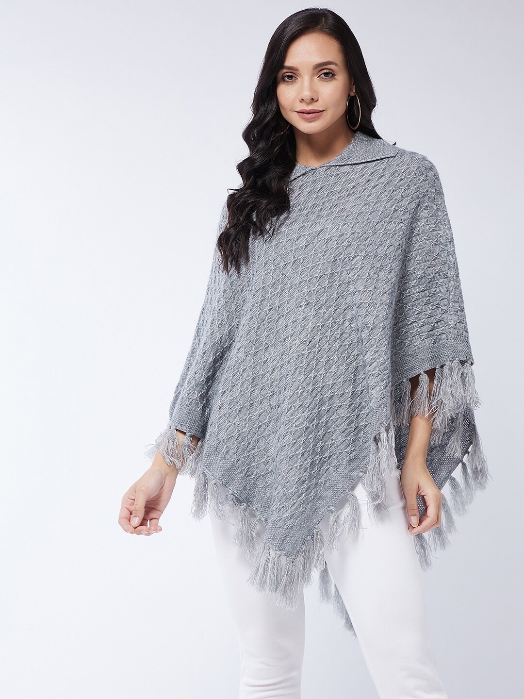 

Modeve Women Grey Poncho with Fuzzy Detail Sweaters