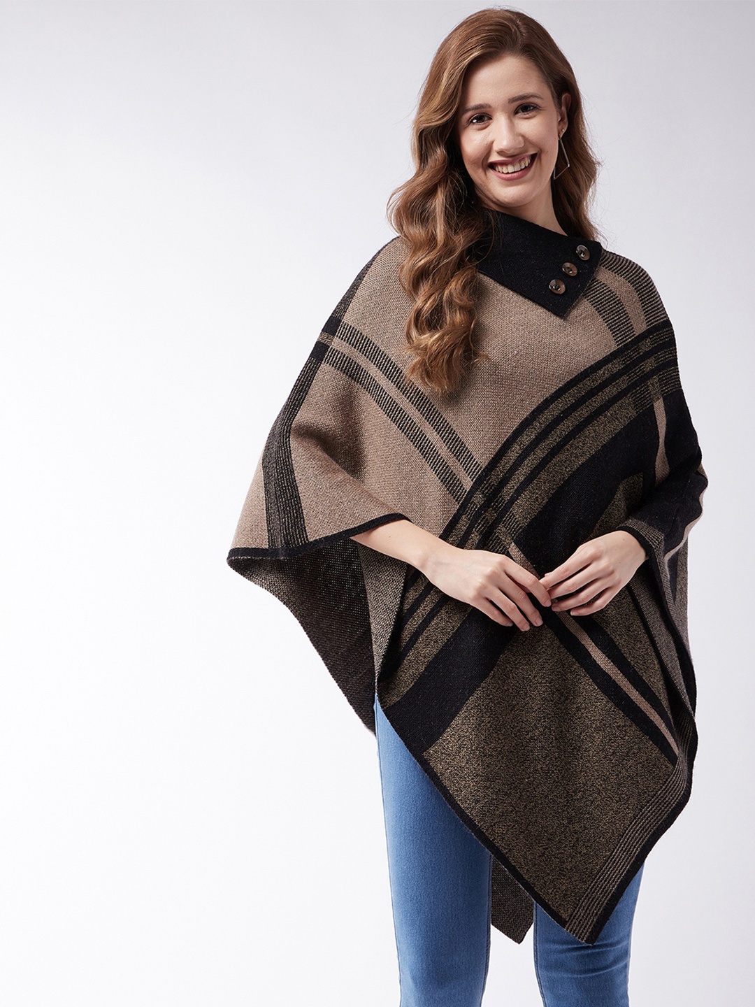 

Modeve Women Coffee Brown & Black Striped Striped Poncho with Fuzzy Detail