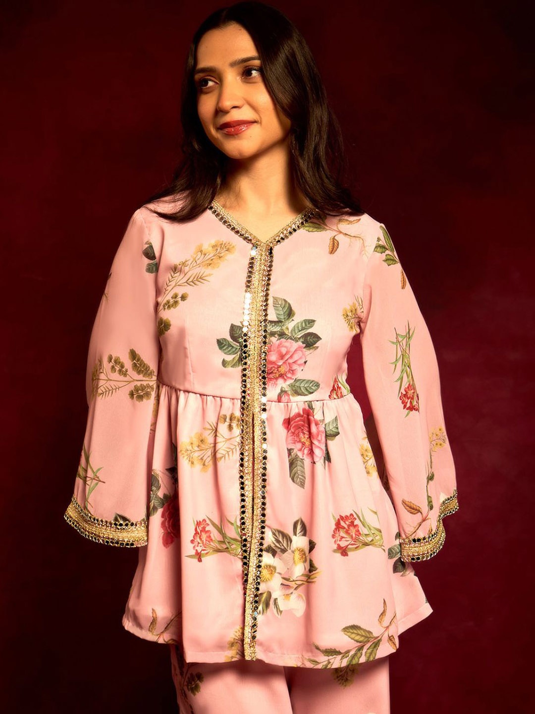 

Alaya By Stage3 Women Pink Floral Printed Flared Sleeves Georgette Short Kurta