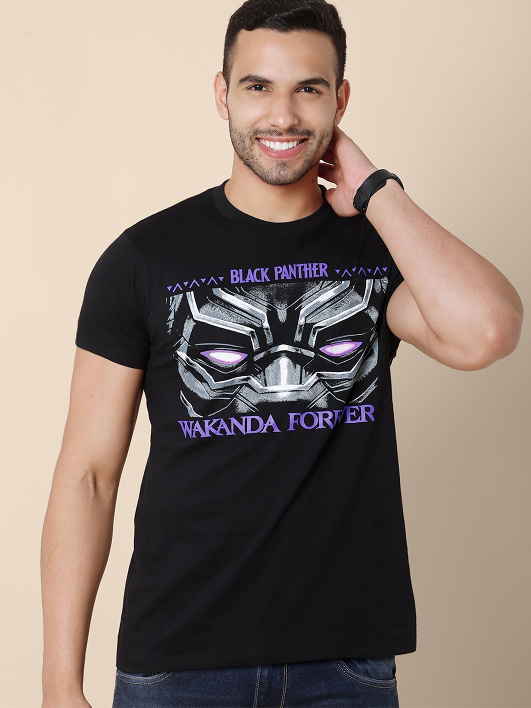 

Free Authority Men Black & Blue Black Panther Printed Pure Cotton T-shirt