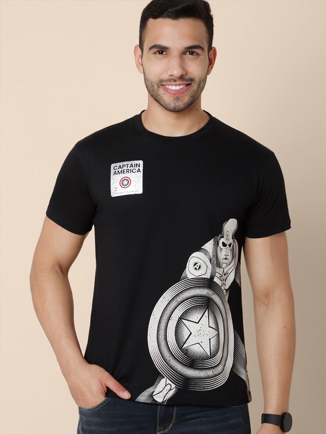 

Free Authority Men Black Pure Cotton Captain America Printed T-shirt