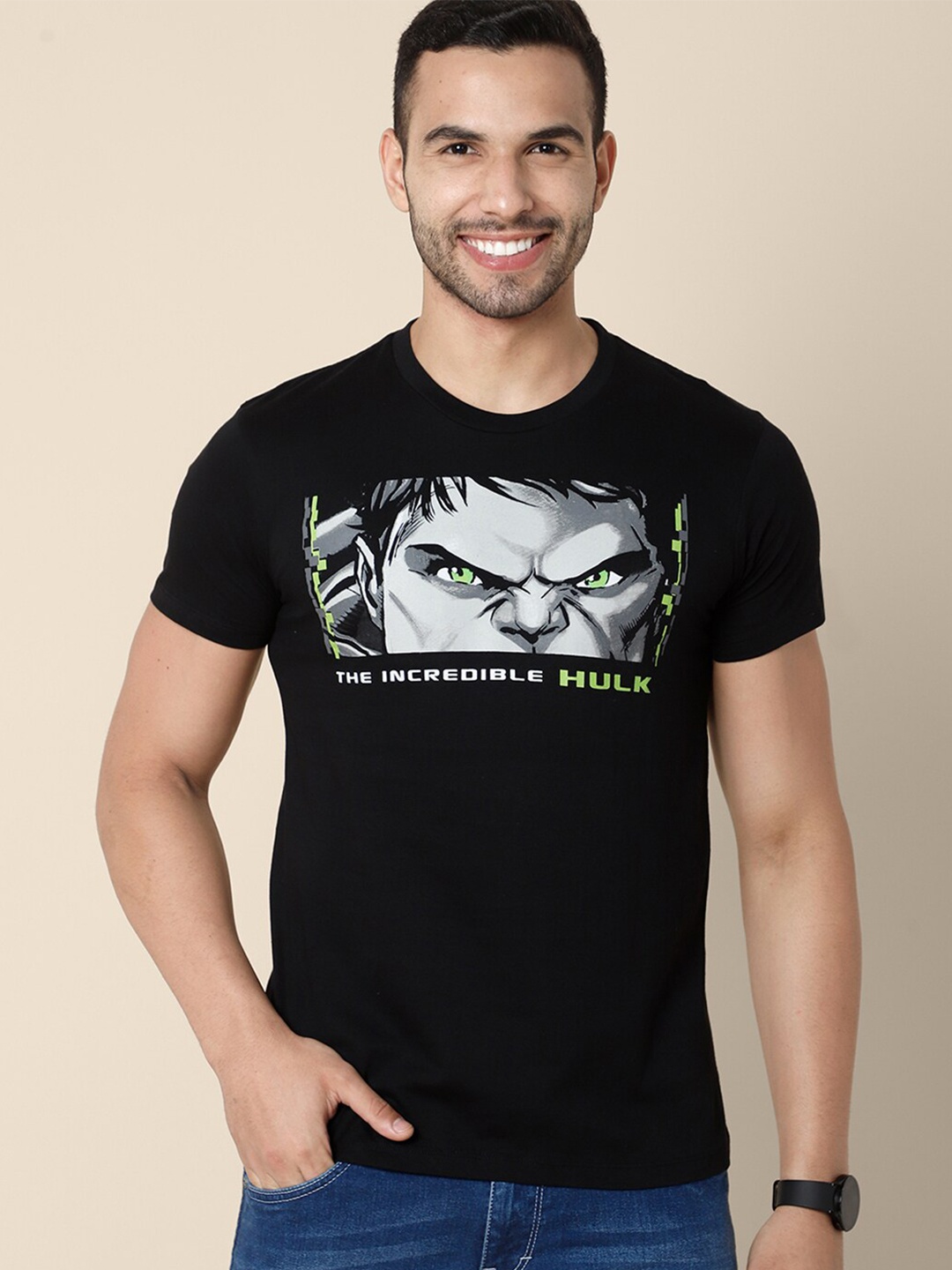 

Free Authority Men Black Hulk Printed Cotton T-shirt