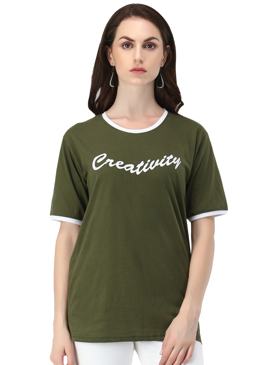 

Viral trend Women Olive Green Typography Printed T-shirt