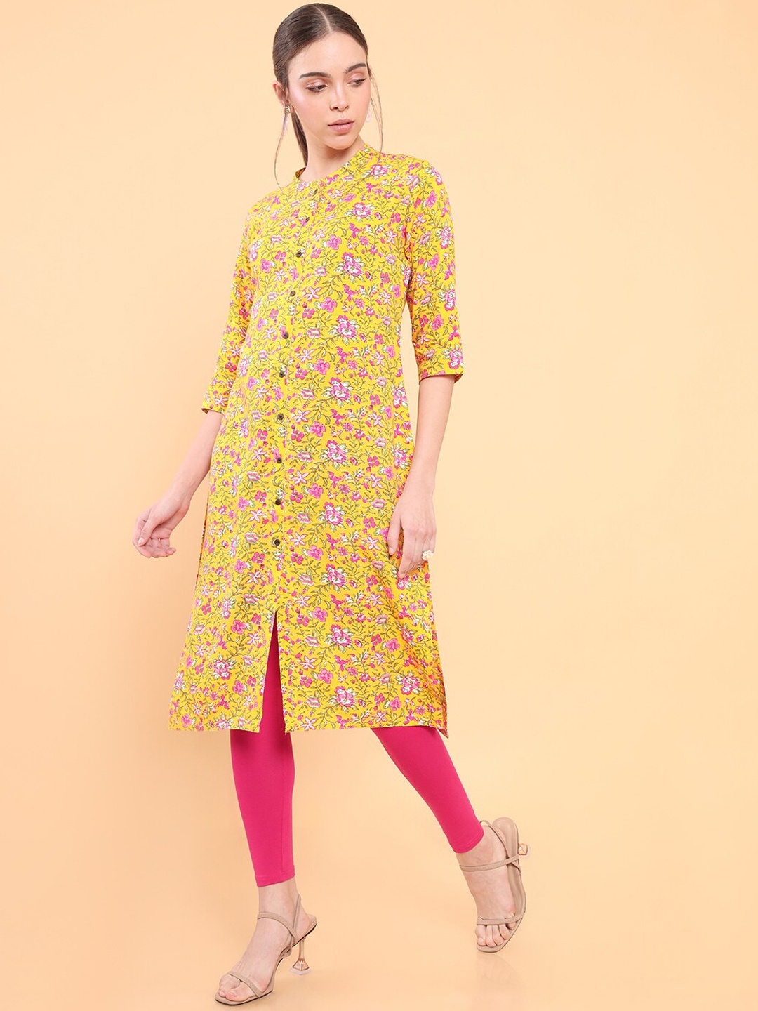 

Soch Women Yellow & Pink Floral Printed Floral Kurta