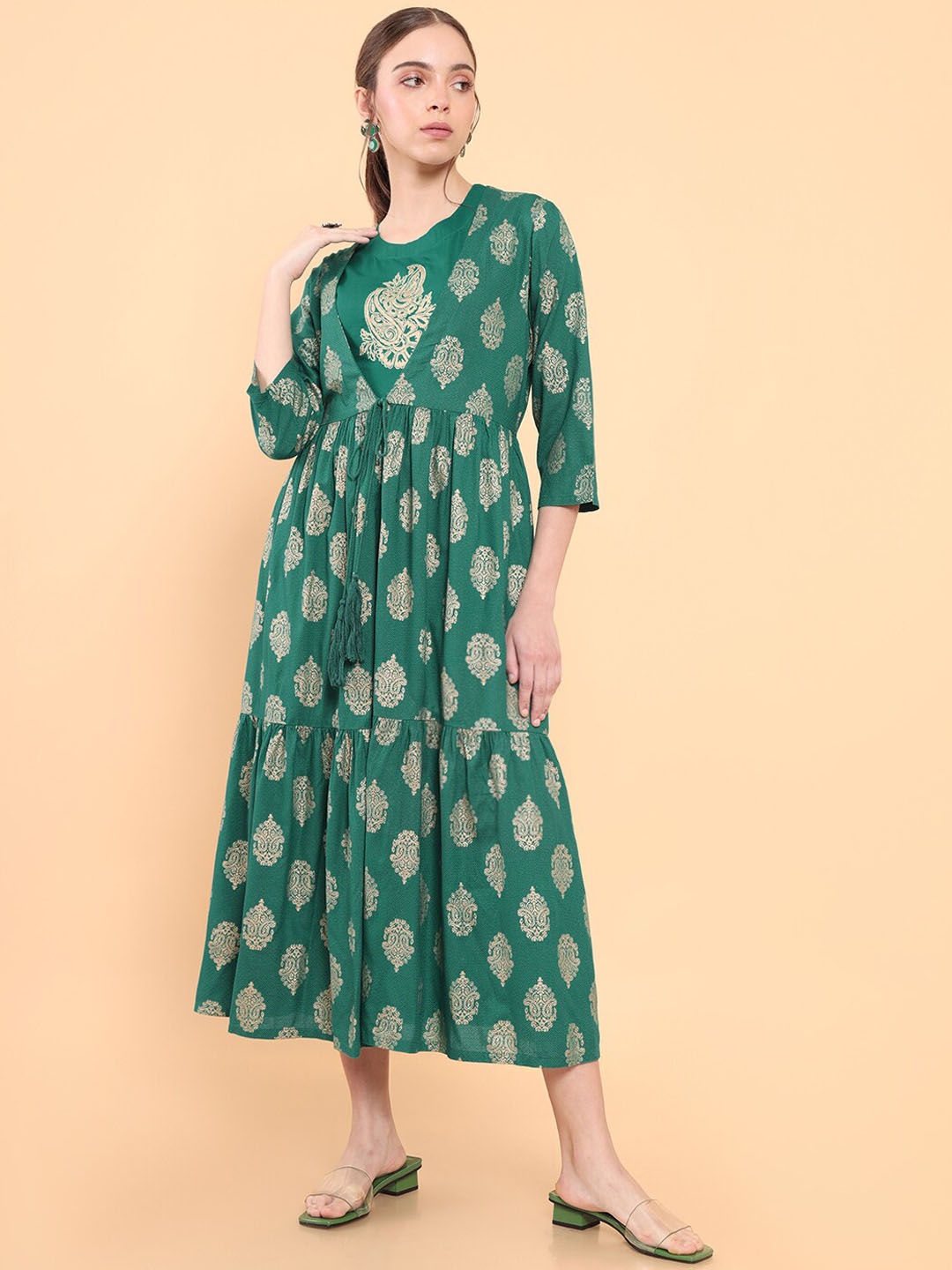 

Soch Women Green & Gold Embroidered Jacquard Layered Ethnic Dresses