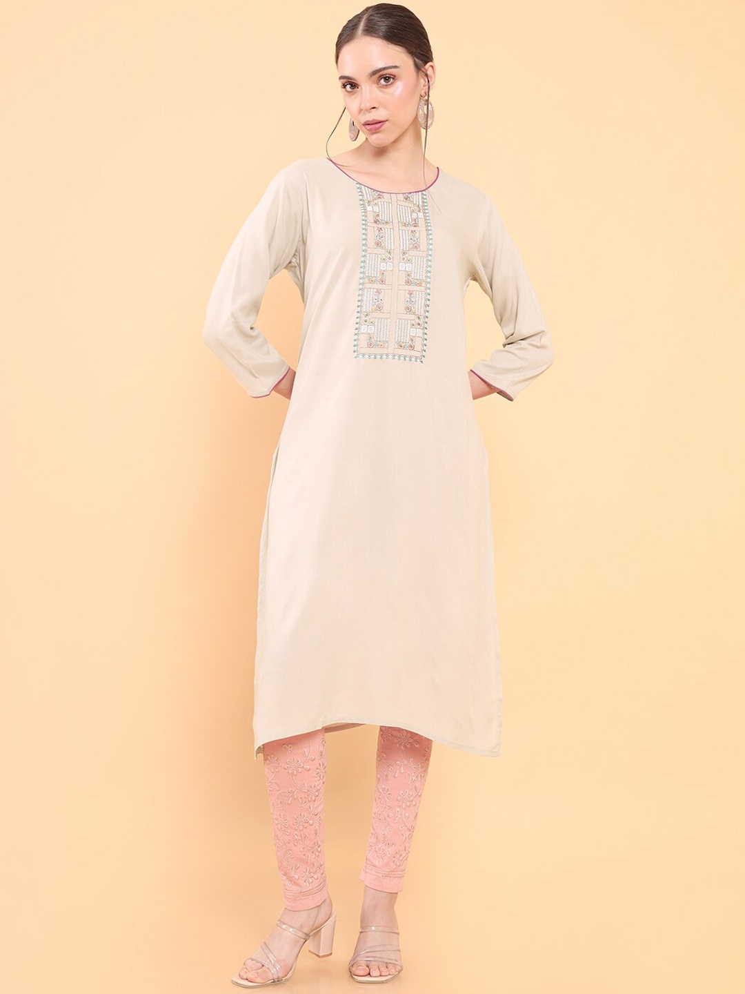 

Soch Women Beige & Blue Yoke Design Thread Work Kurta