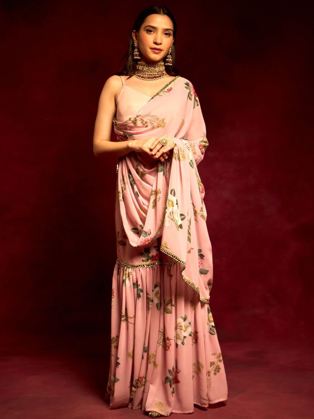

Alaya By Stage3 Pink Print One Shoulder Georgette Floral Drape Top