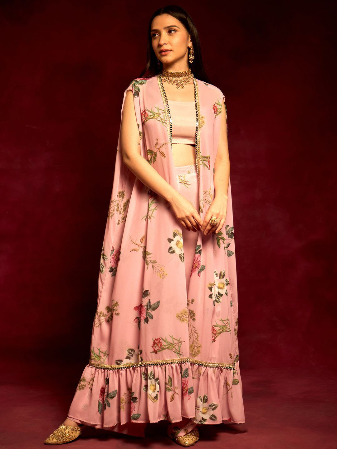 

Alaya By Stage3 Women Pink & Off White Printed Ethnic Longline Shrug