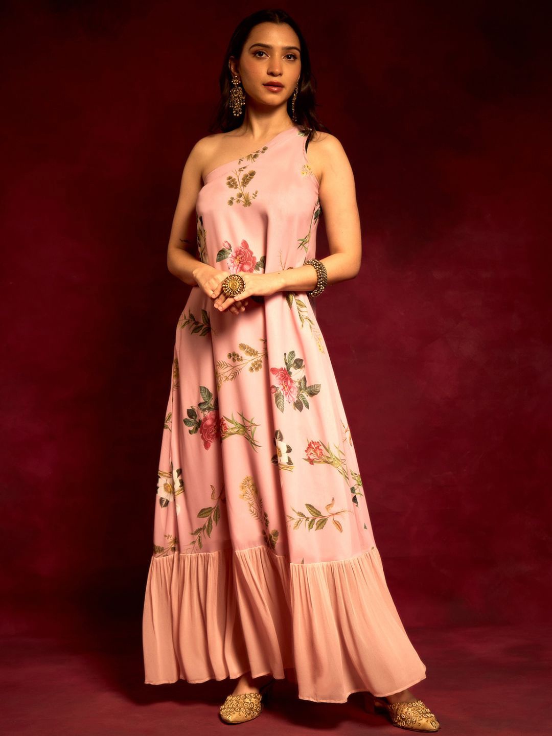 

Alaya By Stage3 Women Pink Floral One Shoulder Georgette A-Line Maxi Dress