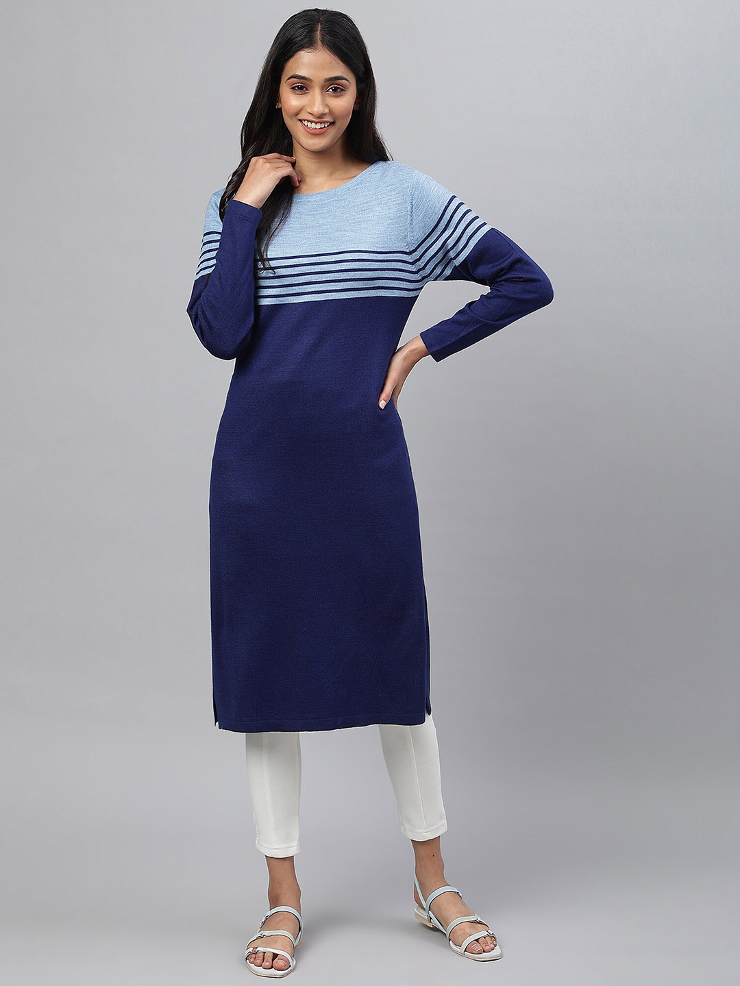

AURELIA Women Blue & Navy Blue Striped Kurta