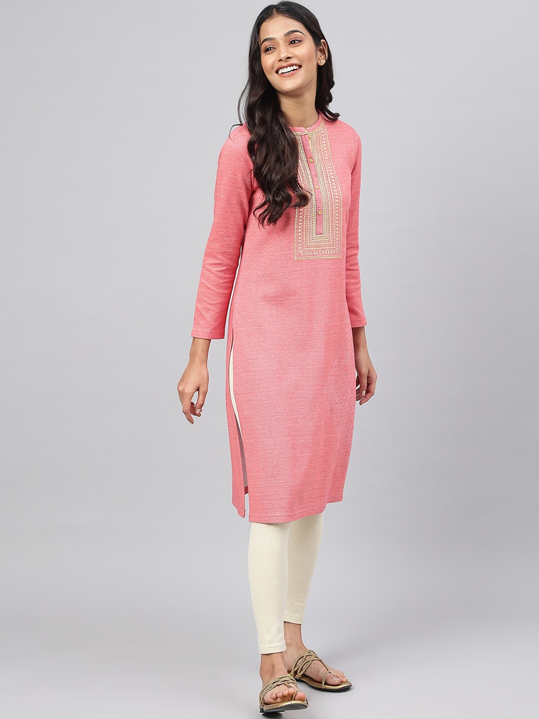 

AURELIA Women Pink Geometric Yoke Design Thread Work Kurta