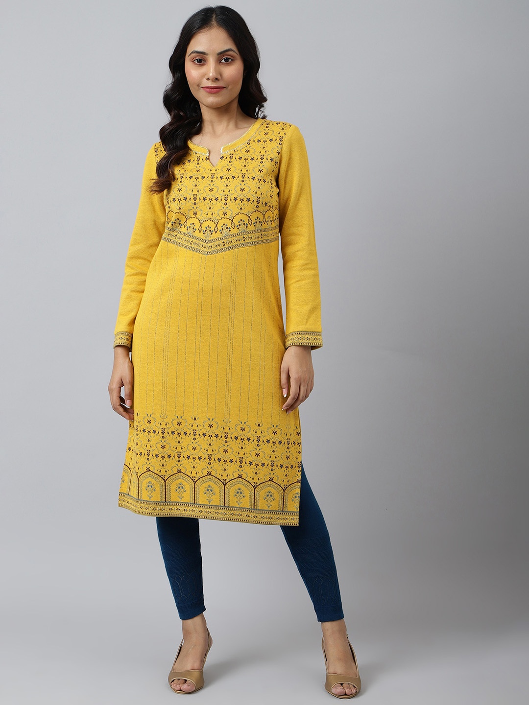 

AURELIA Women Yellow Floral Yoke Design Kurta