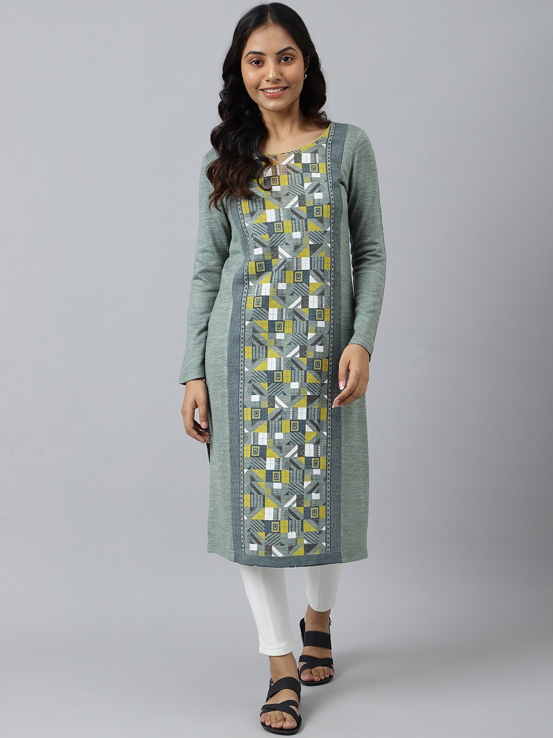 

AURELIA Women Green & White Geometric Printed Acrylic Kurta