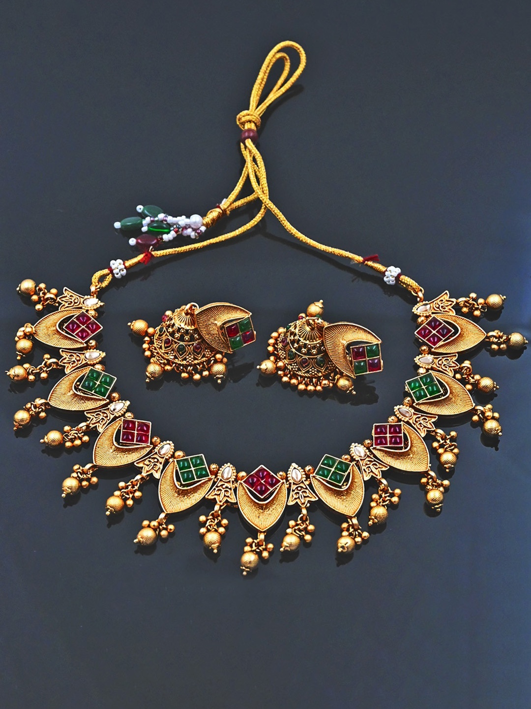 

StileAdda Copper-Plated Red & Green Kundan Jewellery Set, Gold