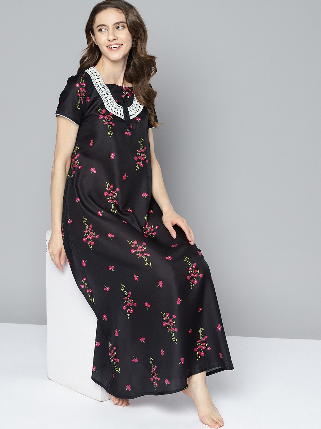 

HERE&NOW Black & Pink Floral Printed Lace Inserts Maxi Nightdress