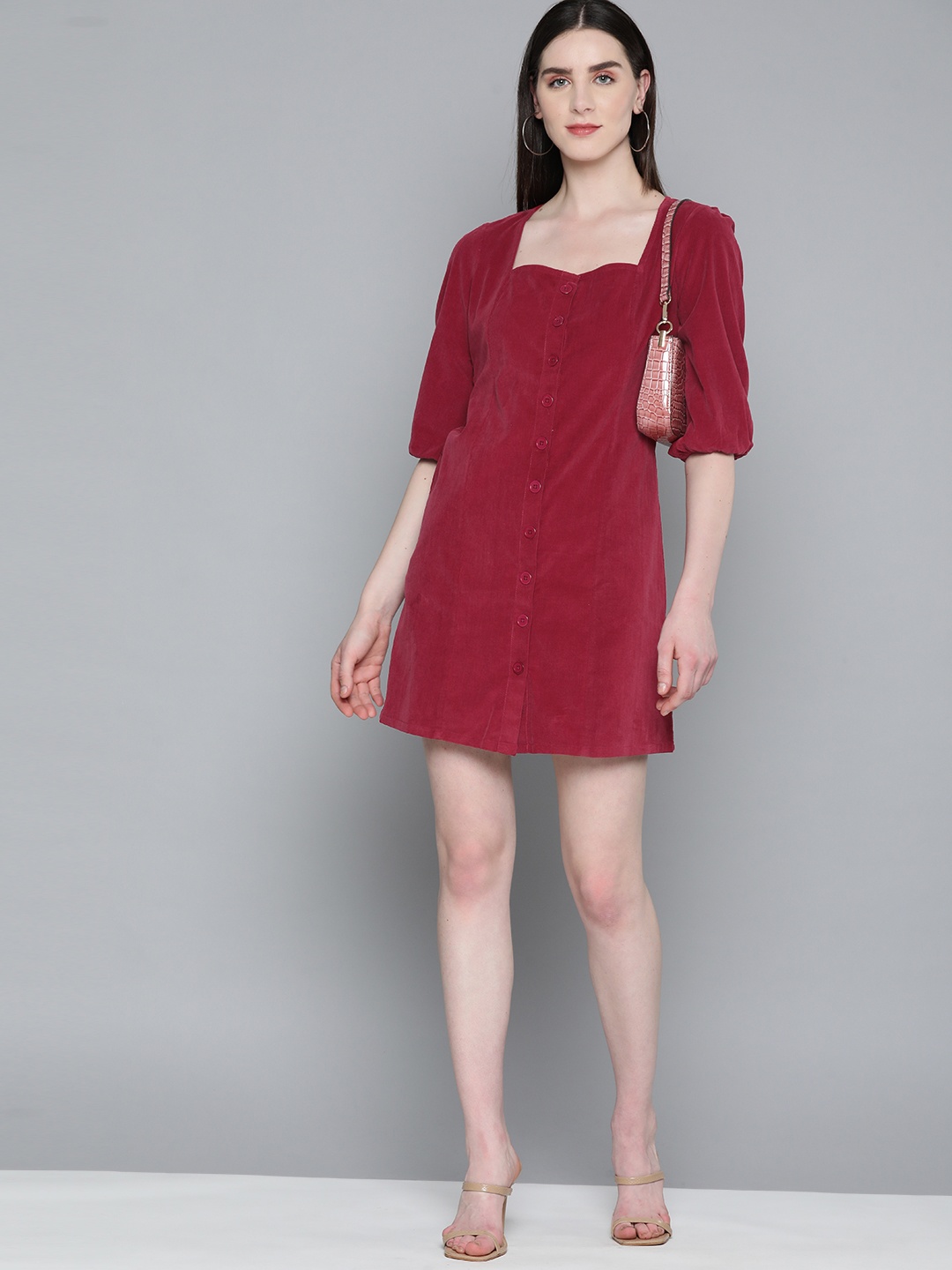 

Chemistry Solid Puff Sleeves Corduroy A-Line Dress, Maroon