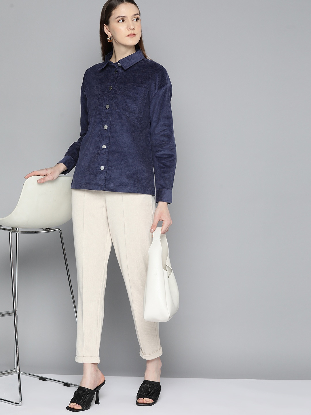 

Chemistry Women Pure Cotton Corduroy Spread Collar Casual Shirt, Navy blue