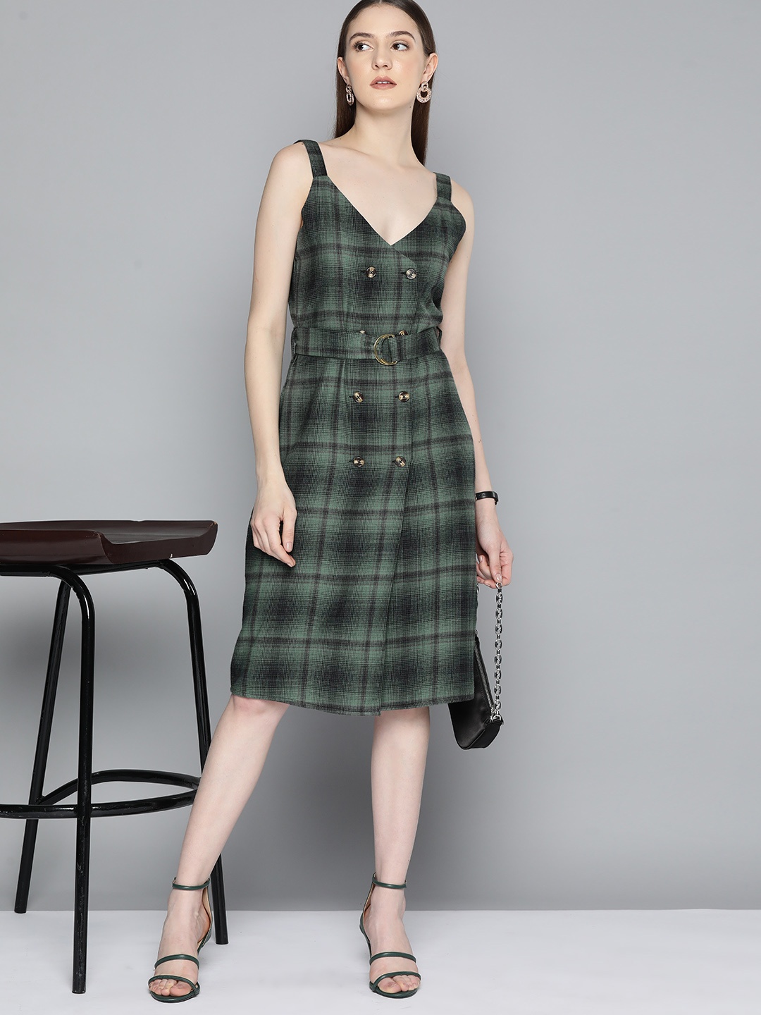 

Chemistry Pure Cotton Checked A-Line Dress with Belt, Green