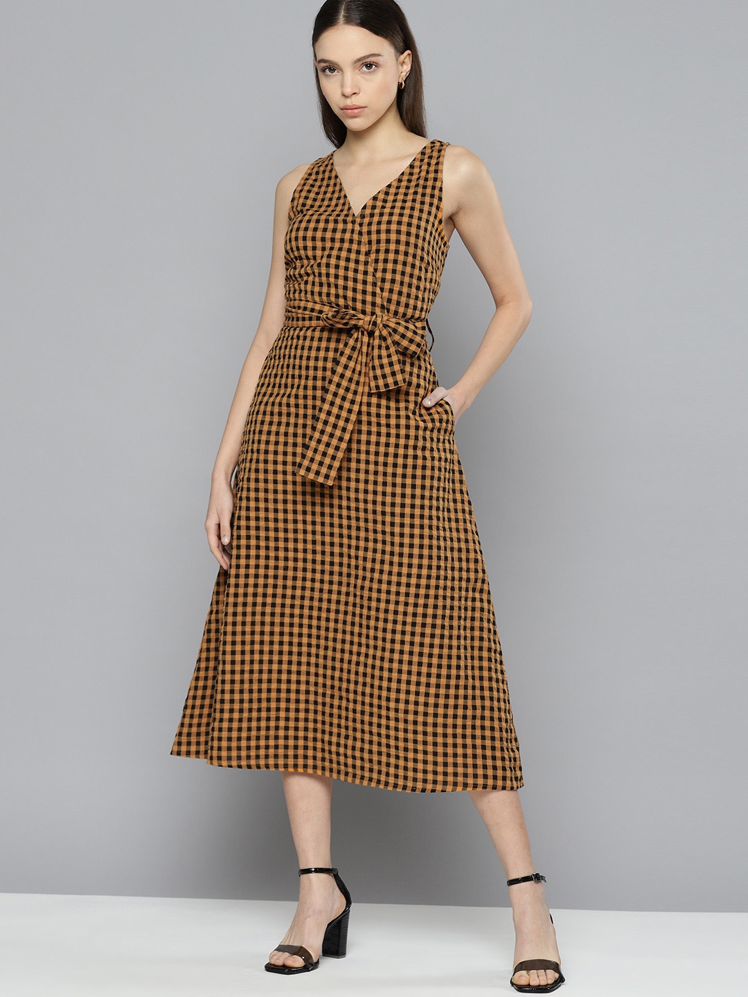 

Chemistry Checked Pure Cotton Wrap Dress with a Belt, Mustard