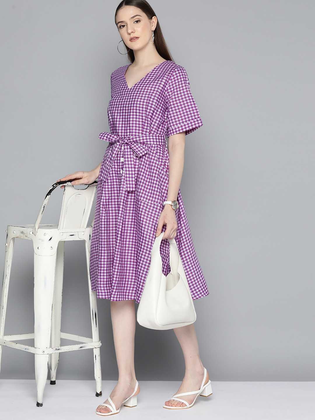 

Chemistry Pure Cotton Checked Fit & Flare Dress with Belt, White