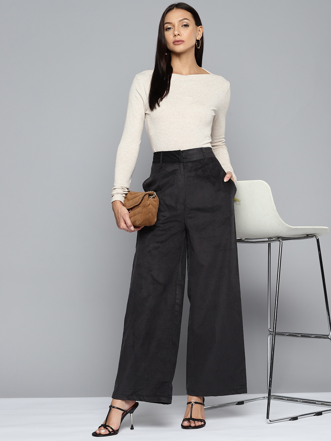 

Chemistry Women Pure Cotton Flared High-Rise Parallel Trousers, Black