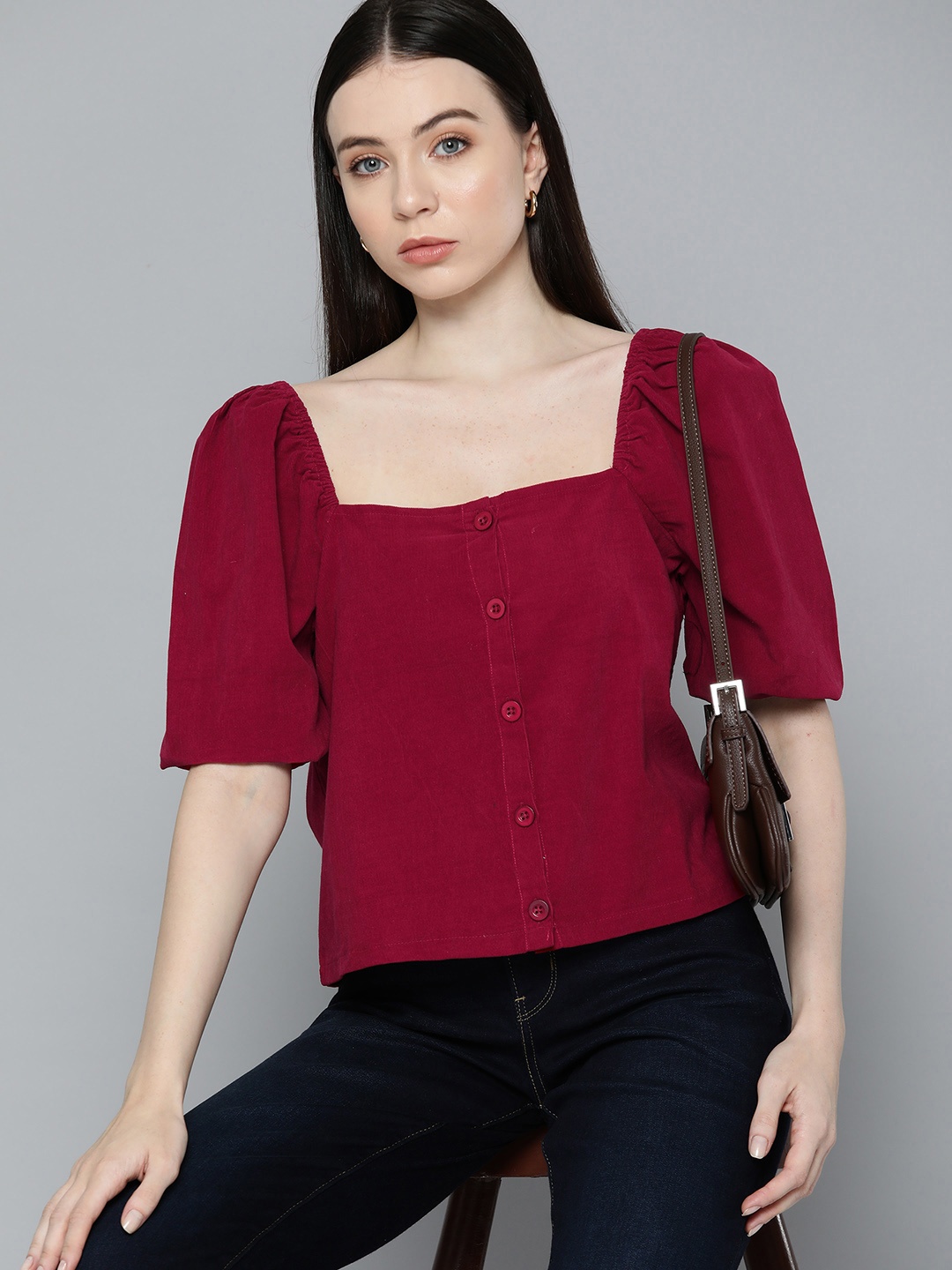 

Chemistry Pure Cotton Puff Sleeves Corduroy Top, Maroon
