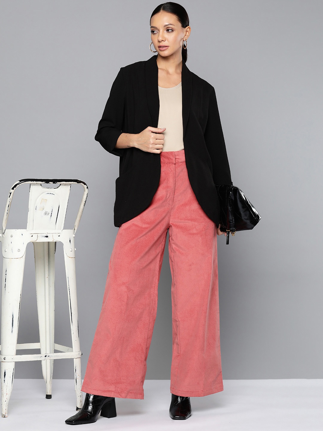 

Chemistry Women Cotton Flared Corduroy Pleated Trousers, Peach