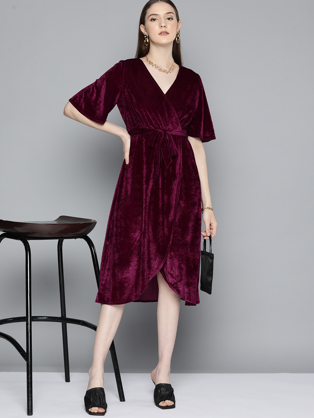 

Chemistry Velvet Wrap Midi Dress with Belt, Purple