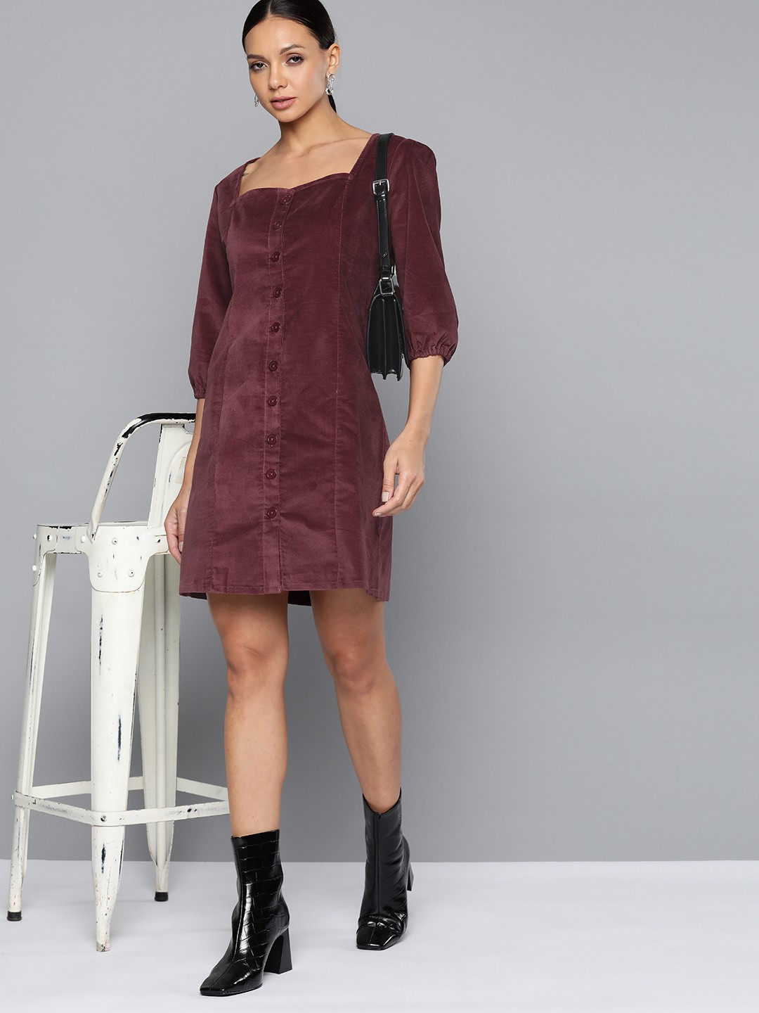 

Chemistry Velvet Finish Puff Sleeves A-Line Dress, Burgundy