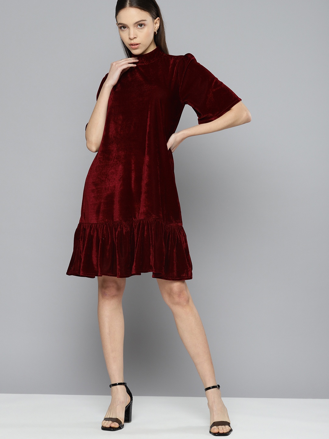 

Chemistry Velvet High Neck Flounce Hem A-Line Dress, Maroon