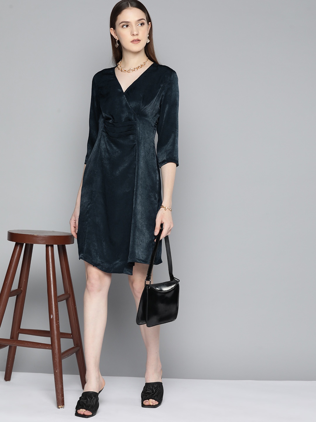 

Chemistry Solid Satin Wrap Dress, Navy blue