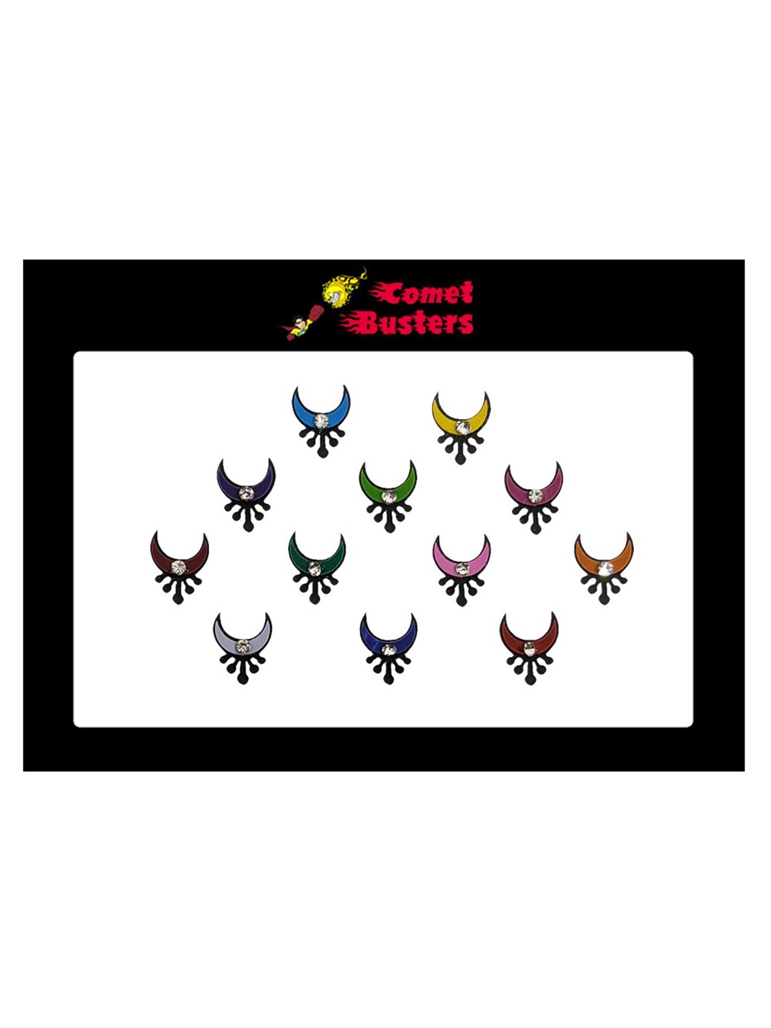 

Comet Busters 12 Pcs Embellished Reusable Crescent-Shaped Designer Bindis - Multicoloured, Multi