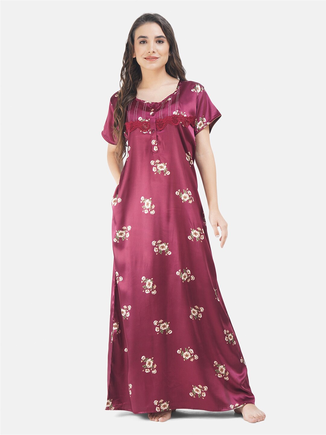 

KOI SLEEPWEAR Women Maroon Floral Printed Maxi Nightdress