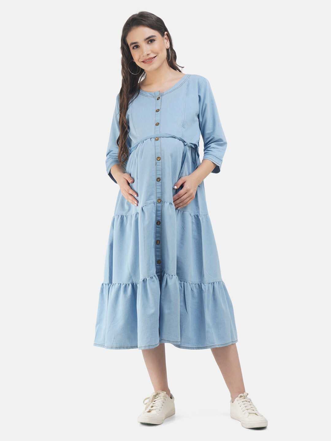 

KOI SLEEPWEAR Women Blue Maternity A-Line Midi Cotton Dress