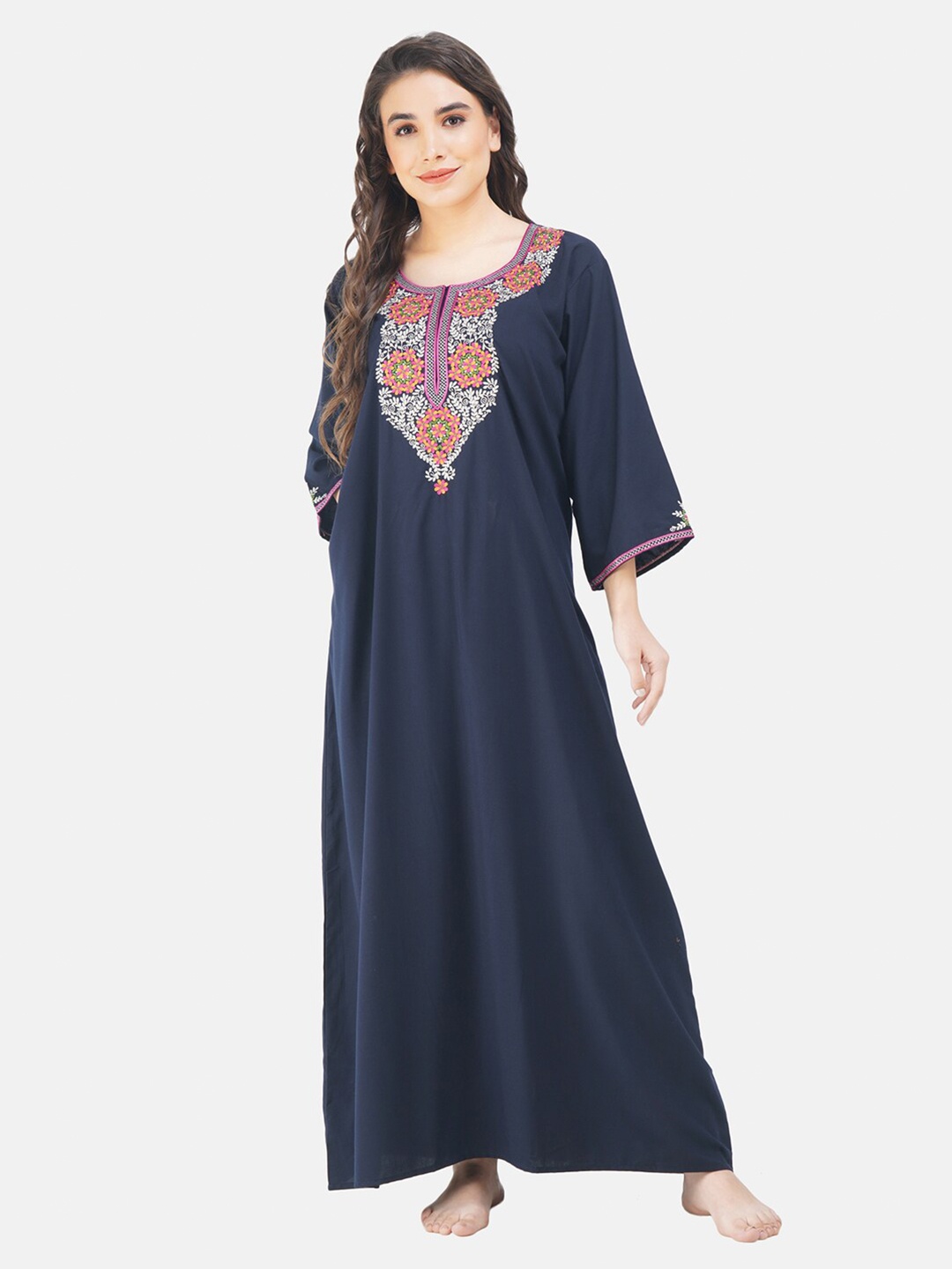 

KOI SLEEPWEAR Navy Blue Embroidered Maxi Nightdress 9 FLOWER NAVY