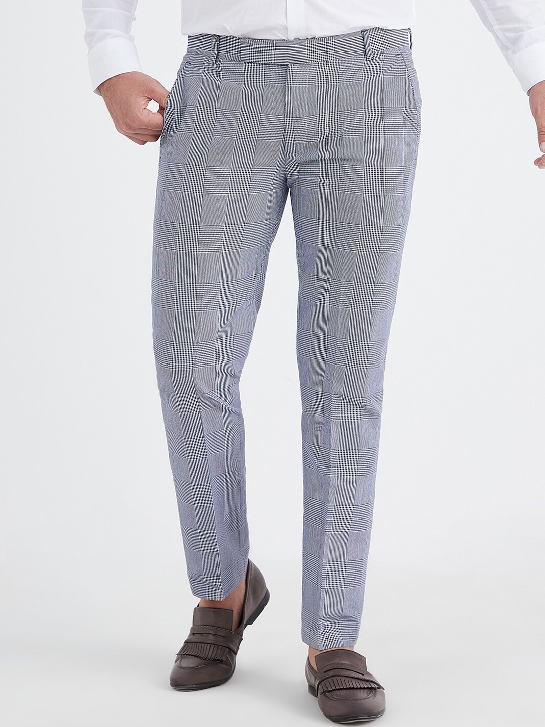 

MR BUTTON Men Navy Blue Checked Slim Fit Trousers