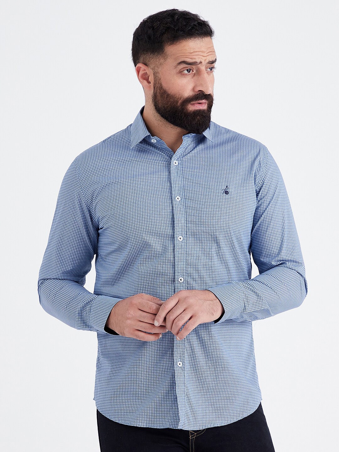 

MR BUTTON Men Blue Slim Fit Micro Checks Casual Shirt