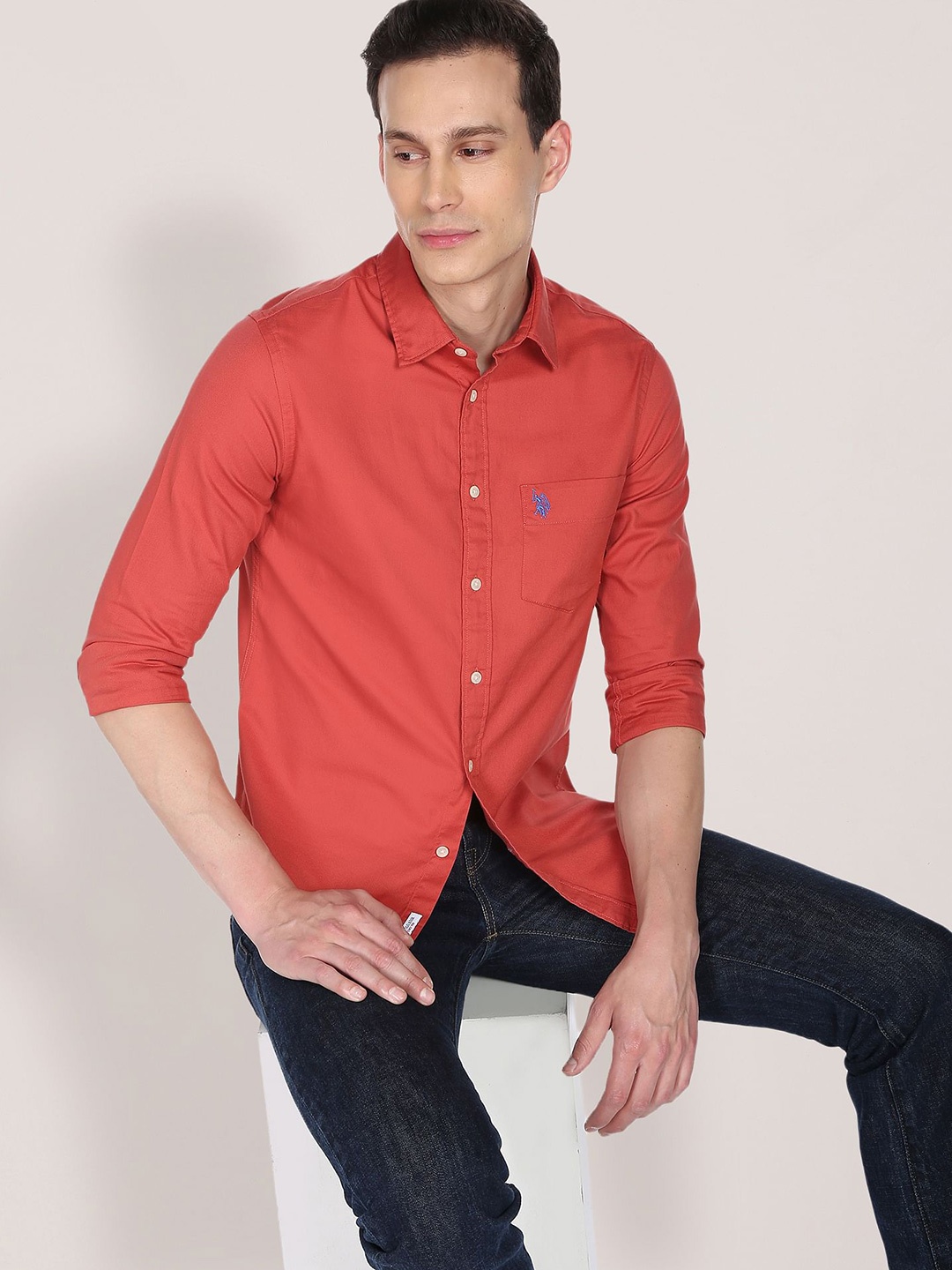 

U S Polo Assn Men Orange Solid Pure Cotton Classic Everyday Shirt