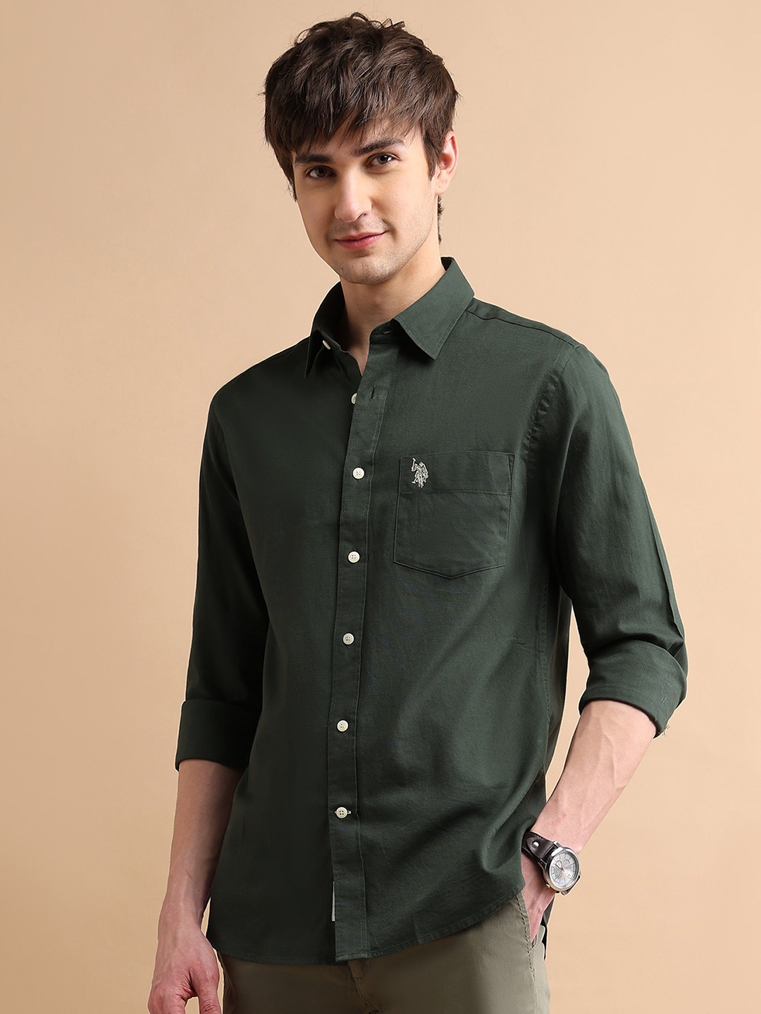 

U S Polo Assn Men Green Solid Cotton Classic Everyday Shirt