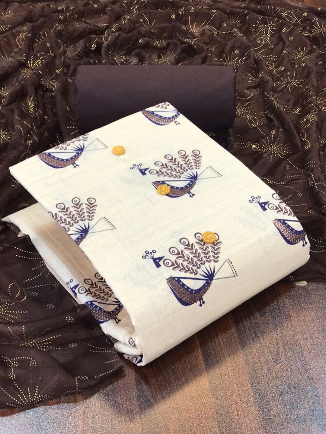 

MORLY Women White & Brown Printed Unstitched Dress Material