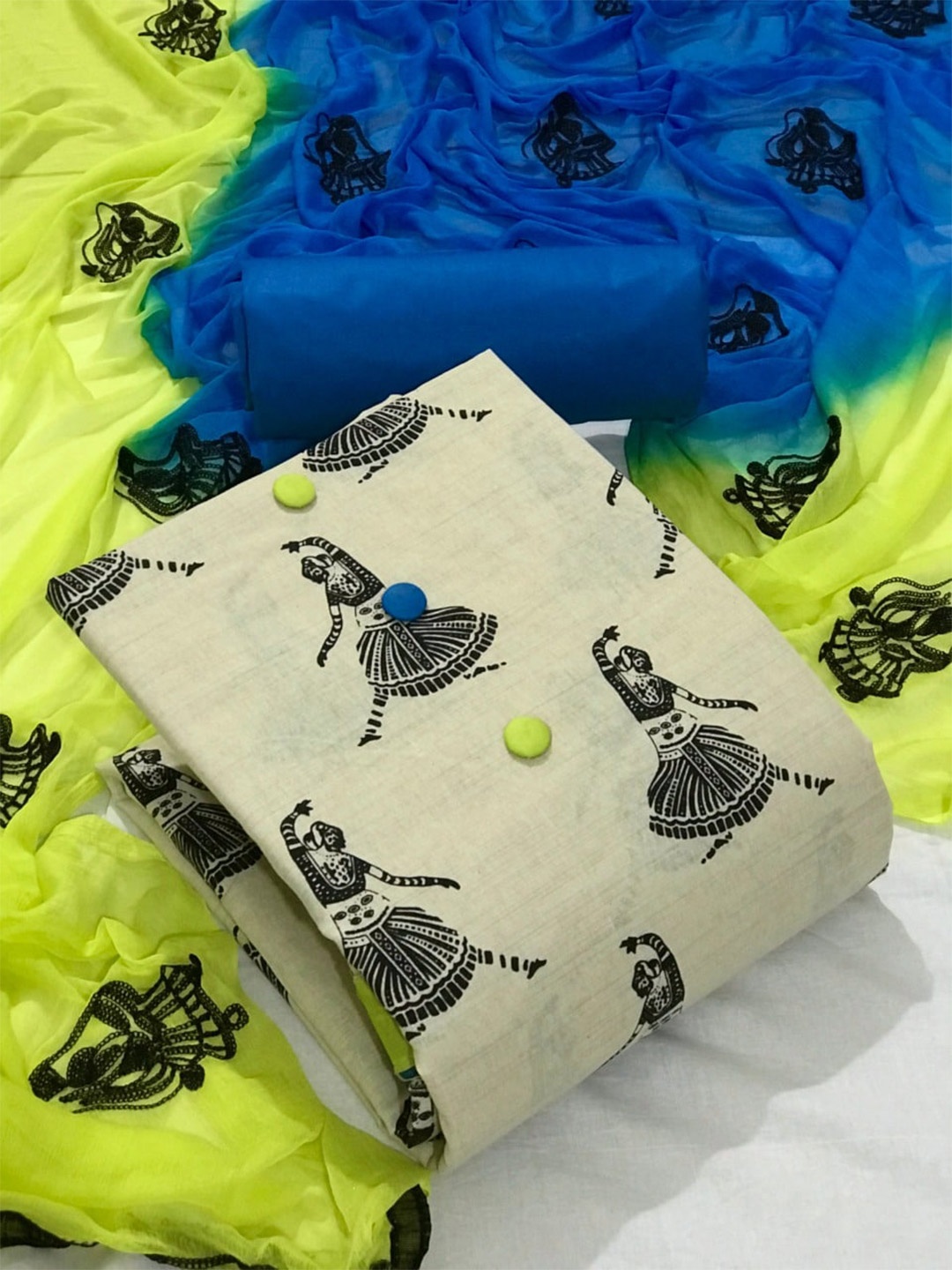 

MORLY Women Cream-Coloured & Blue Printed Unstitched Dress Material